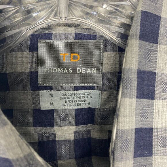 Thomas Dean Shirt Mens Medium Blue Gray Check Button Up Cotton Flip Cuff Plaid - Picture 2 of 8